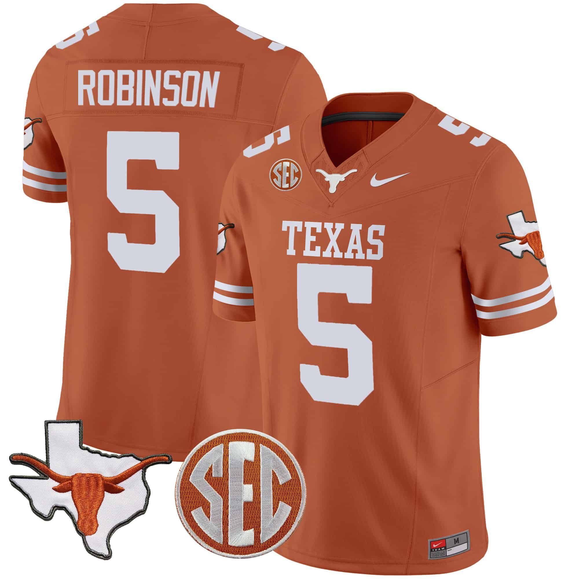 Men Texas Longhorns #5 Robinson Orange 2024 Nike State Map & SEC Patch Vapor NCAA Jersey style 1->indianapolis colts->NFL Jersey